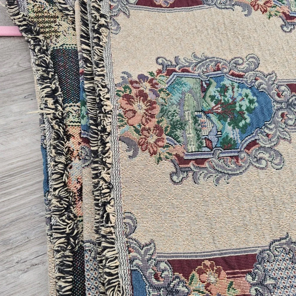Vintage Woven Tapestry Landscape Panel Floral Scroll Border Pastoral Scene Art‎